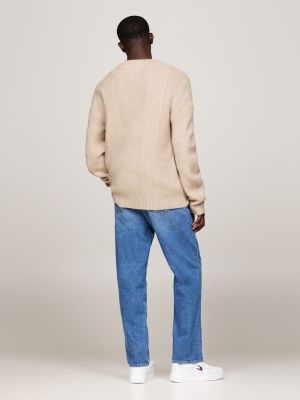 beige cable knit crew neck slim jumper for men tommy jeans