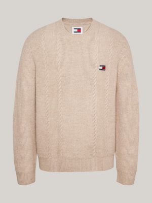 beige cable knit crew neck slim jumper for men tommy jeans