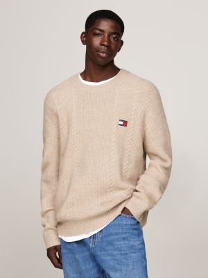 beige cable knit crew neck slim jumper for men tommy jeans