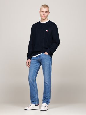 pull ajusté en maille à col ras-du-cou bleu pour hommes tommy jeans