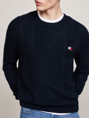 blue cable knit crew neck slim jumper for men tommy jeans