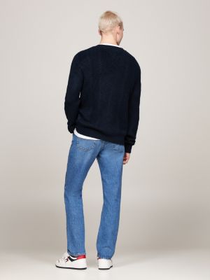 pull ajusté en maille à col ras-du-cou bleu pour hommes tommy jeans