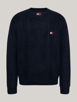 blue cable knit crew neck slim jumper for men tommy jeans