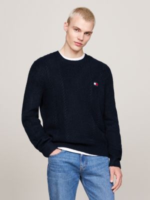 blau slim fit rundhals-pullover mit zopfstrick für herren - tommy jeans