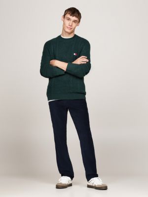 green cable knit crew neck slim jumper for men tommy jeans