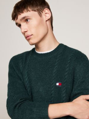 green cable knit crew neck slim jumper for men tommy jeans