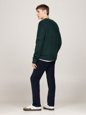 green cable knit crew neck slim jumper for men tommy jeans