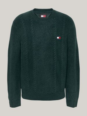 green cable knit crew neck slim jumper for men tommy jeans