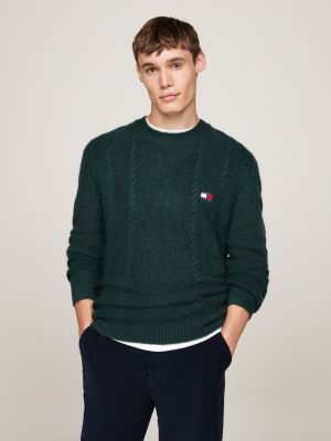 green cable knit crew neck slim jumper for men tommy jeans