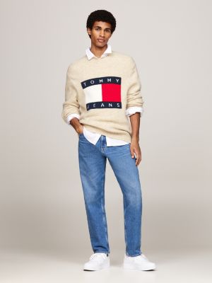 beige melierter pullover mit wolle und flag-badge für herren - tommy jeans