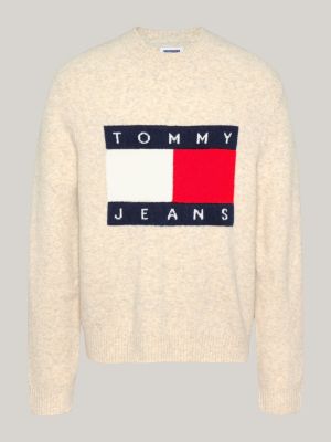 beige melierter pullover mit wolle und flag-badge für herren - tommy jeans