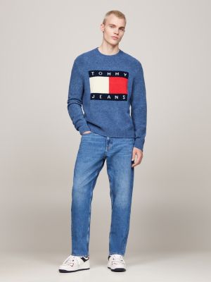 blau melierter pullover mit wolle und flag-badge für herren - tommy jeans