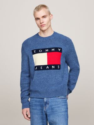 pullover mélange con lana e distintivo blu da uomini tommy jeans