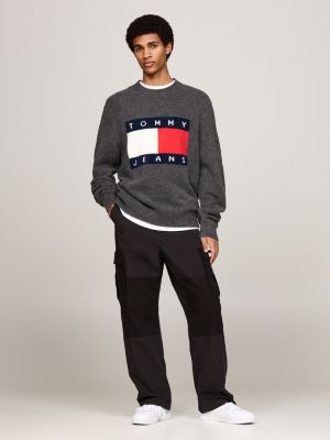 grau melierter pullover mit wolle und flag-badge für herren - tommy jeans