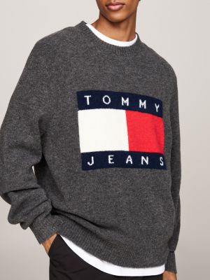 grey flag badge mélange jumper with wool for men tommy jeans