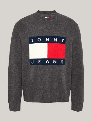 grey flag badge mélange jumper with wool for men tommy jeans