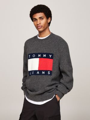 grau melierter pullover mit wolle und flag-badge für herren - tommy jeans