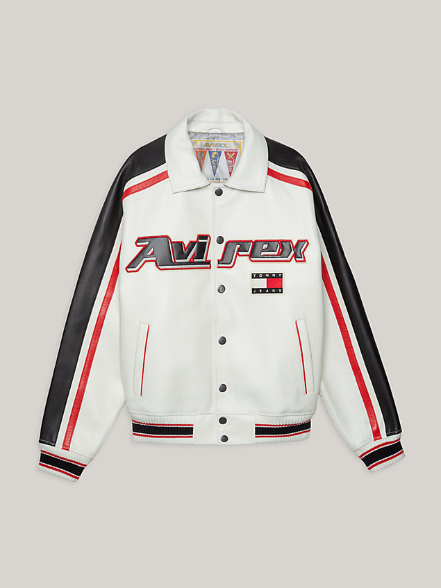 white tommy x avirex dual gender leather jacket for men tommy jeans