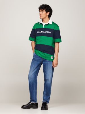 polo casual classic à rayures rugby vert pour hommes tommy jeans