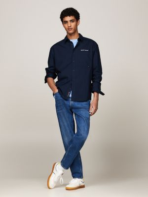 camisa classic de corte regular con logo azul de hombres tommy jeans