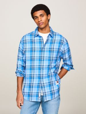 blue check logo regular fit shirt for men tommy jeans