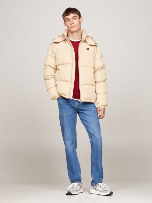 beige water repellent down-filled alaska puffer jacket for men tommy jeans