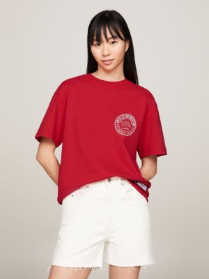 red tommy jeans international games t-shirt mit logo für herren - tommy hilfiger