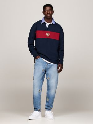 blue colour-blocked oversized rugby shirt for men tommy jeans