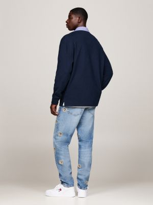 blue colour-blocked oversized rugby shirt for men tommy jeans