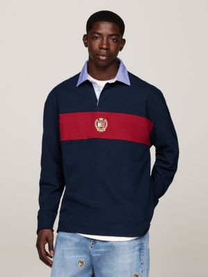 blue colour-blocked oversized rugby shirt for men tommy jeans