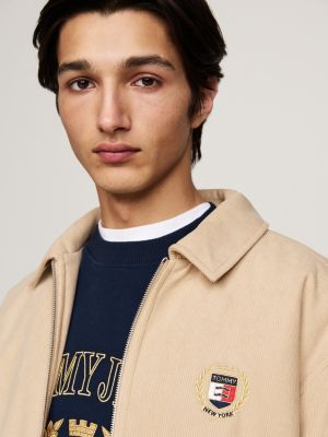 beige relaxed corduroy letterman jacket for men tommy jeans