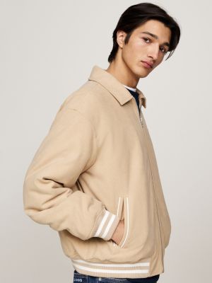 beige relaxed corduroy letterman jacket for men tommy jeans