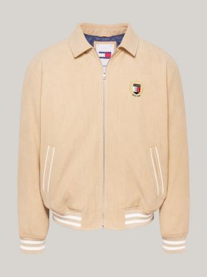 beige relaxed corduroy letterman jacket for men tommy jeans