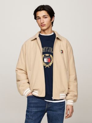 beige relaxed corduroy letterman jacket for men tommy jeans