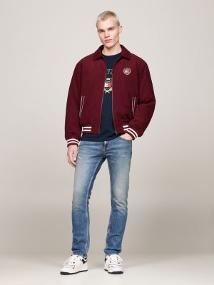 red relaxed corduroy letterman jacket for men tommy jeans