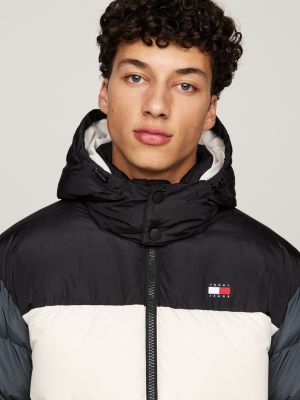 black colour-blocked alaska puffer jacket for men tommy jeans