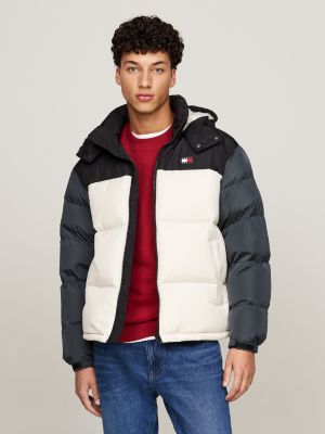 black alaska puffer-jacke mit color block-design für herren - tommy jeans