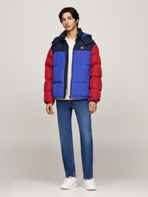 blue colour-blocked alaska puffer jacket for men tommy jeans