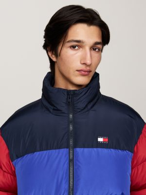 blue colour-blocked alaska puffer jacket for men tommy jeans