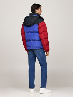 blue colour-blocked alaska puffer jacket for men tommy jeans