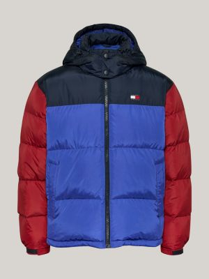 blue colour-blocked alaska puffer jacket for men tommy jeans