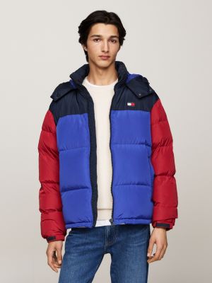 blue colour-blocked alaska puffer jacket for men tommy jeans