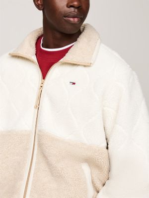 beige relaxed teddy fleece jacket for men tommy jeans