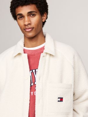 beige badge casual teddy fleece overshirt for men tommy jeans