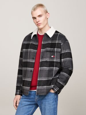 grey sherpa collar check casual overshirt for men tommy jeans