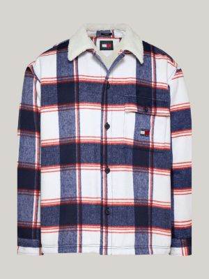 blue sherpa collar check casual overshirt for men tommy jeans