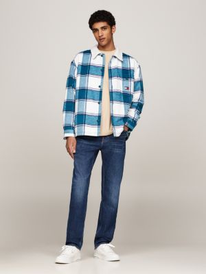 blue sherpa collar check casual overshirt for men tommy jeans