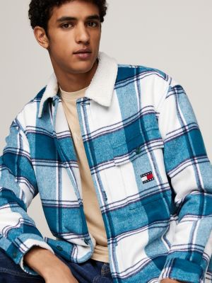 blue sherpa collar check casual overshirt for men tommy jeans