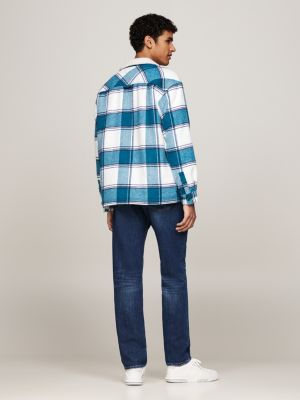 blue sherpa collar check casual overshirt for men tommy jeans