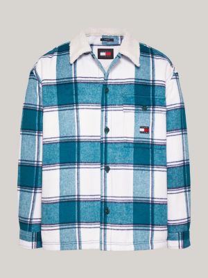 blue sherpa collar check casual overshirt for men tommy jeans